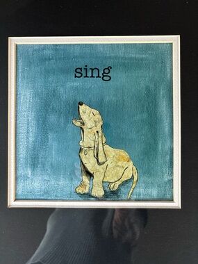 “Sing” Black Framed Artwork,Artist Alicia Ludwig, Whimsical Dog Picture Abstract